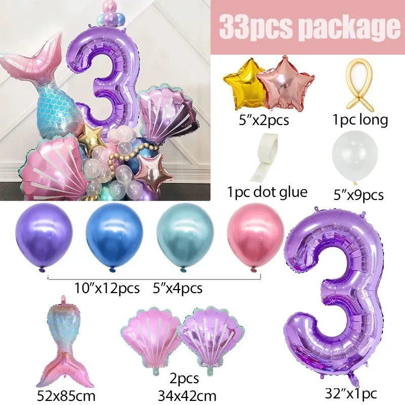 A 33 piece balloon set featuring a large purple number three, various iridescent and metallic balloons, and mermaid shell dec