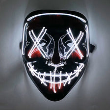 A black mask with glowing white LED lines forming an 'X' shape and a toothy grin, mounted on a wall.