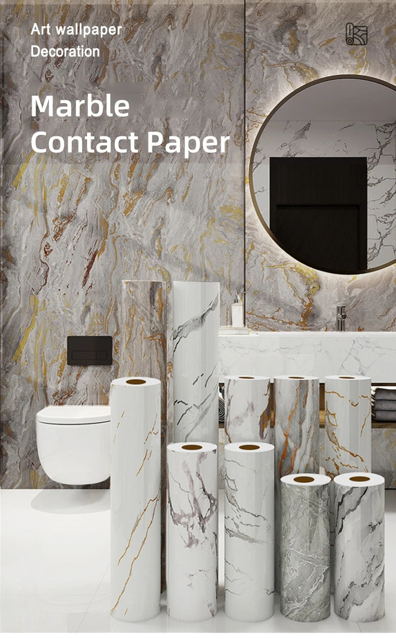 Rolls of marble contact paper in various shades and patterns displayed against a marbled wall background.