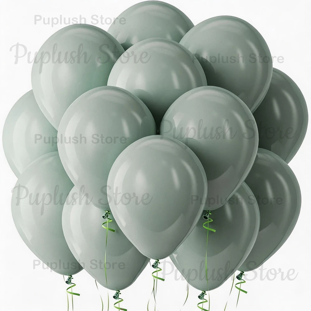 A cluster of sage green latex balloons floating against a white background.