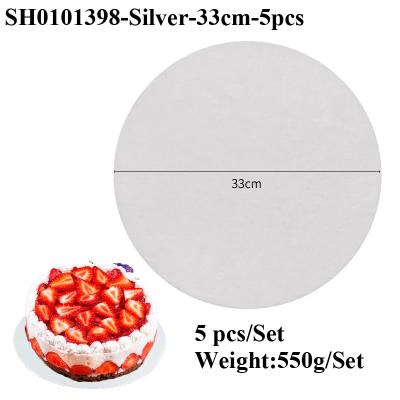 Silver coated round cake board with strawberries shown next to the product packaging details