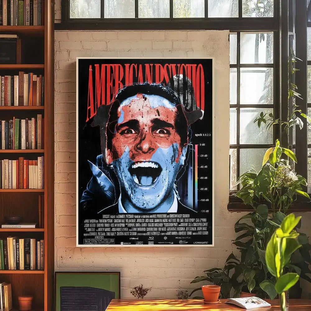 A movie poster for American Psycho featuring a close-up portrait of Christian Bale, printed on canvas.