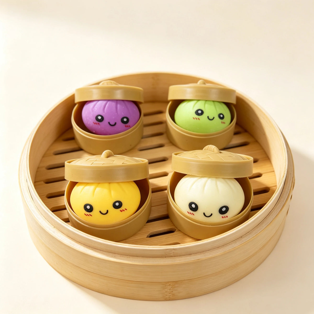A wooden tray holds four colorful simulated dumpling squishy toys in individual lids.