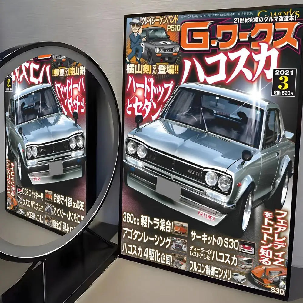 A poster featuring a silver Nissan Skyline GT-R car in a racing stance, titled G Works HSC
