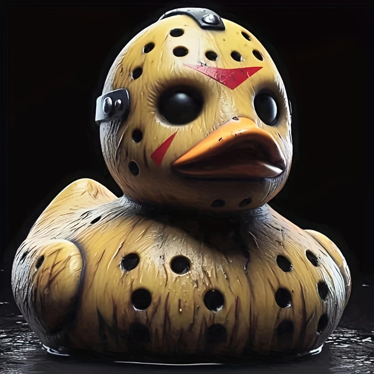 A yellow horror movie icon duck figurine with large eyes and a beak, displayed against a dark background.
