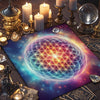 A dark wooden table set with candles, gold objects, and a colorful sacred geometry altar cloth featuring a glowing sphere of 