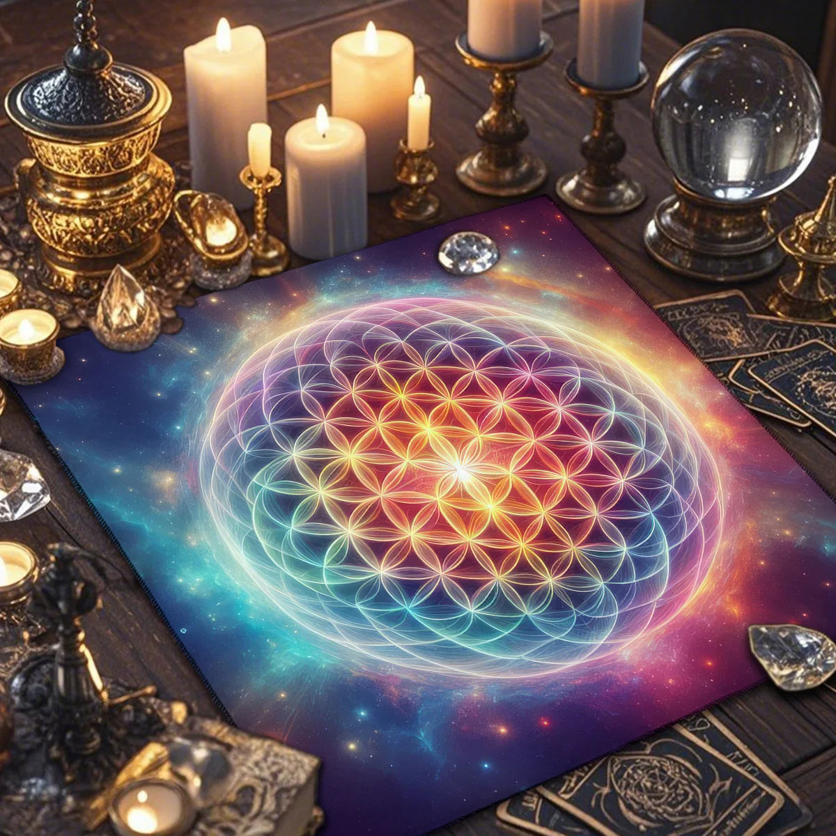 A dark wooden table set with candles, gold objects, and a colorful sacred geometry altar cloth featuring a glowing sphere of 
