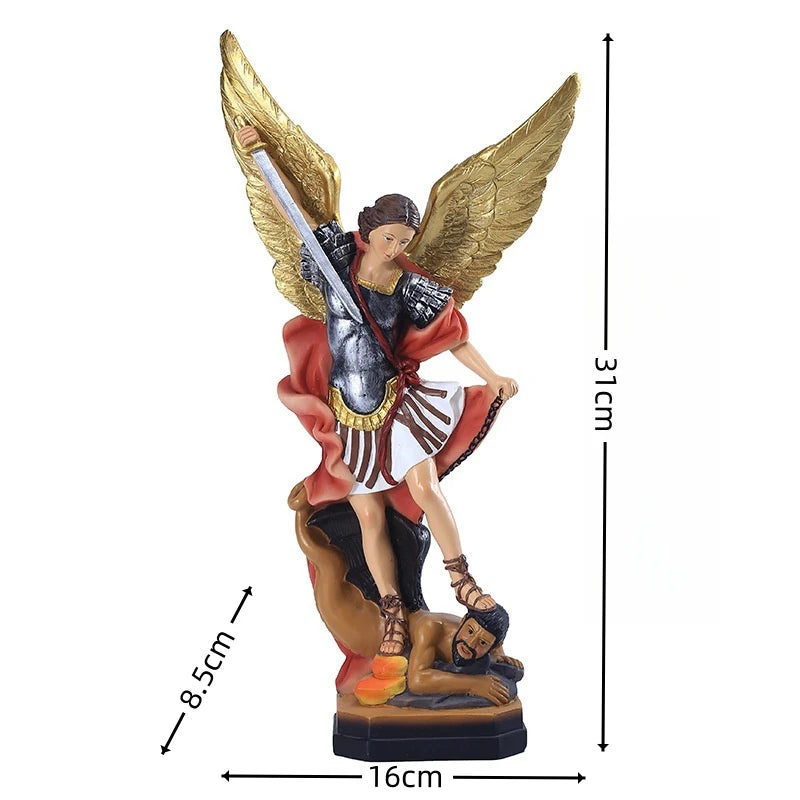 Bronzed Saint Michael Archangel resin figurine with golden wings and a sword