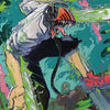 Anime style illustration of Chainsaw Man character wielding a chainsaw against a vibrant green and teal background.