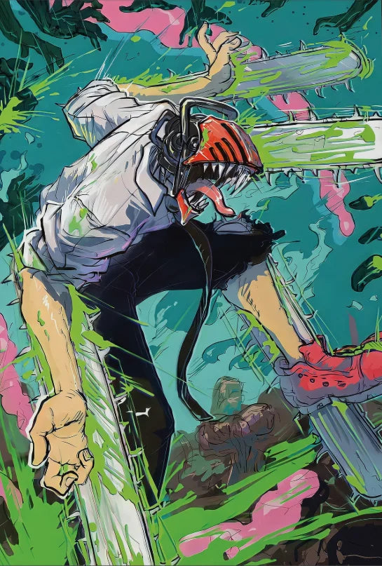 Anime style illustration of Chainsaw Man character wielding a chainsaw against a vibrant green and teal background.