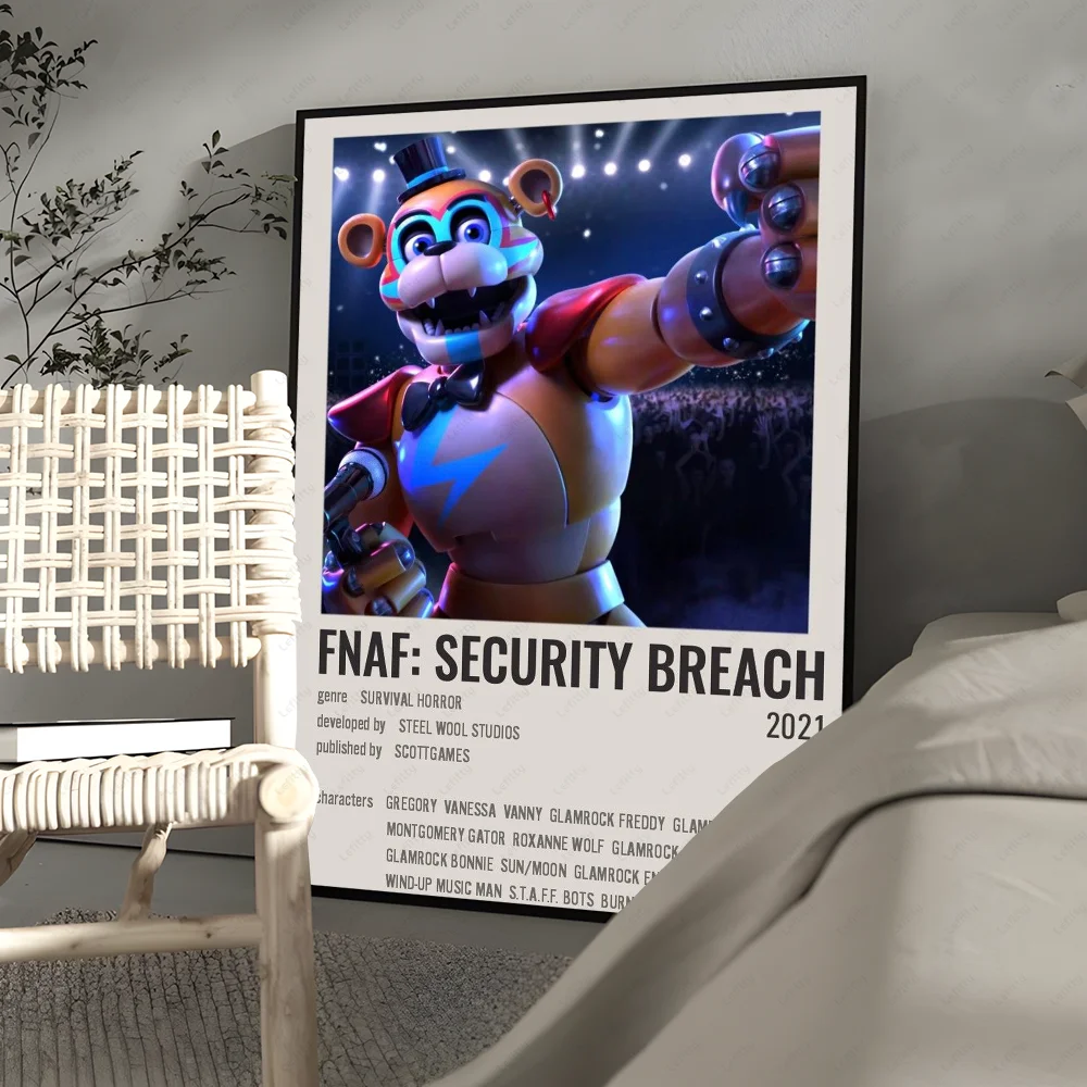 A poster featuring a stylized animatronic character in a security breach theme.