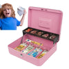 A young girl is holding a stack of money next to a pink lockable metal cash box with an organizer tray and two keys.