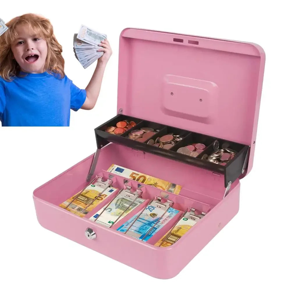A young girl is holding a stack of money next to a pink lockable metal cash box with an organizer tray and two keys.