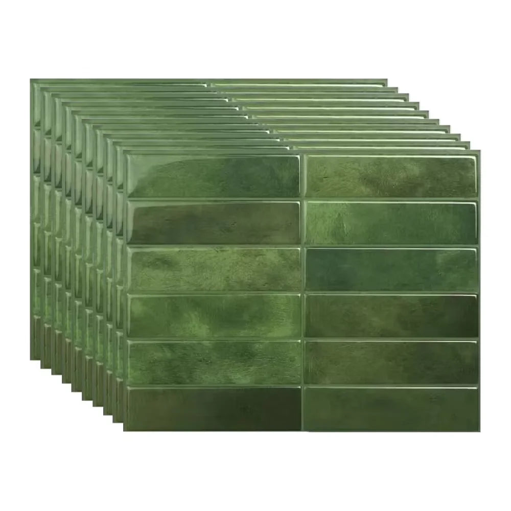 A stack of rectangular, textured green peel and stick backsplash tiles viewed from the side.