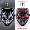 A black silicone mask with glowing red LED lines and a skull design, shown in light status and no light status.