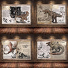 A set of four vintage-style prints featuring dinosaur illustrations mounted on a wooden wall.
