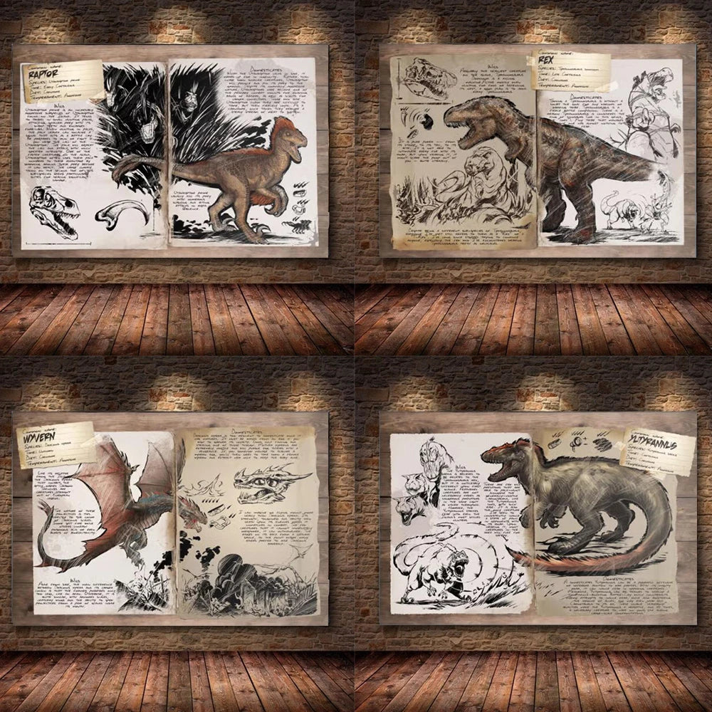 A set of four vintage-style prints featuring dinosaur illustrations mounted on a wooden wall.