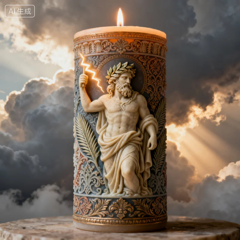 A candle featuring a statue of a bearded male figure with a laurel wreath and lightning bolt detail.