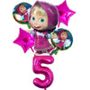 A set of pink and teal balloons and decorations for a Masha and The Bear birthday party, including plates and cups.