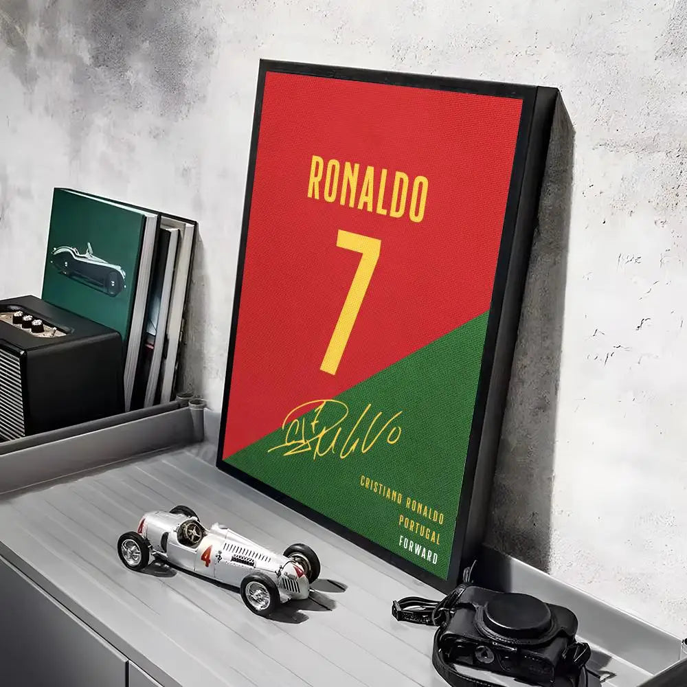 A framed canvas art poster featuring the number 7 and the name Ronaldo in yellow on a red background.