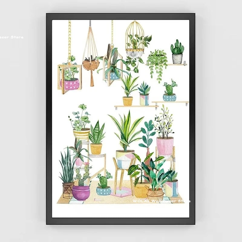 Botanical philodendron canvas wall art featuring various green plants in pots and hanging arrangements