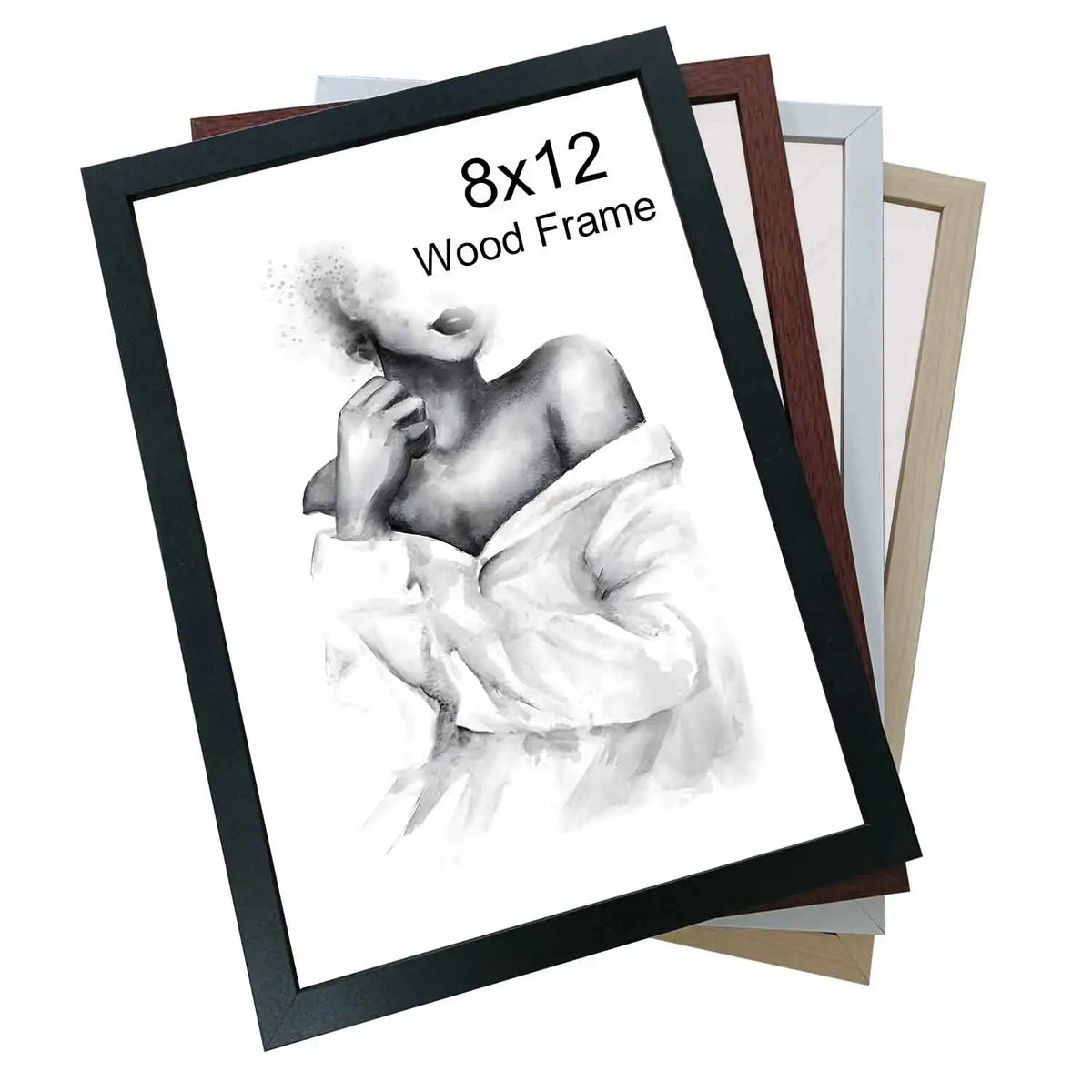 A black framed watercolor drawing of a woman's profile with her hand near her face on white paper.