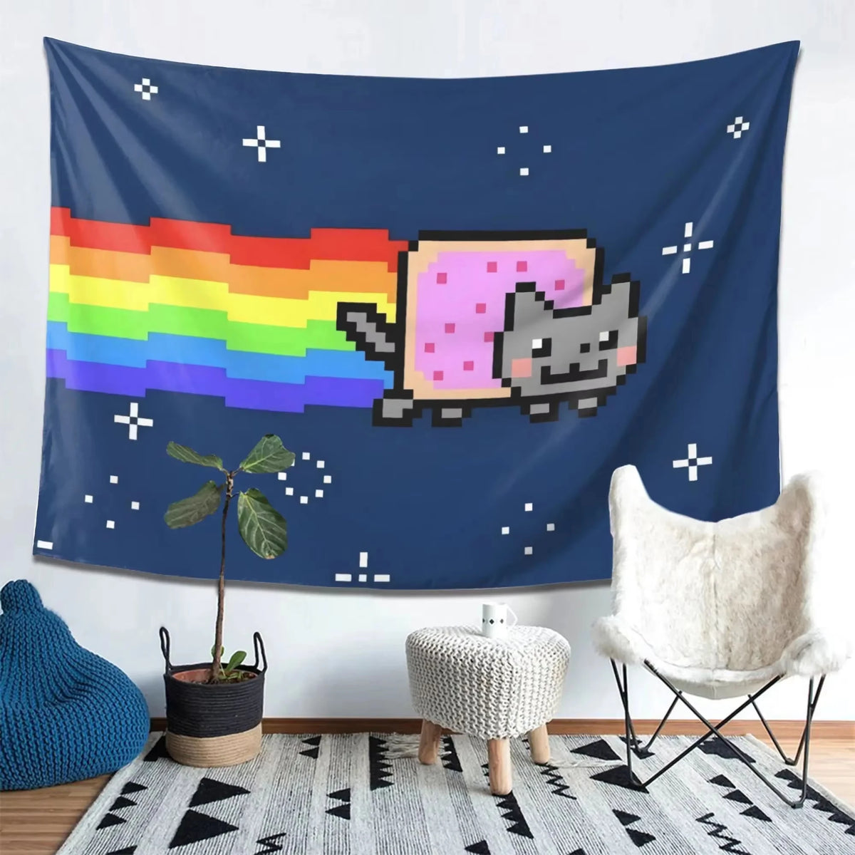 Nyan Cat Pixel Art Tapestry – Rainbow Cat Wall Hanging