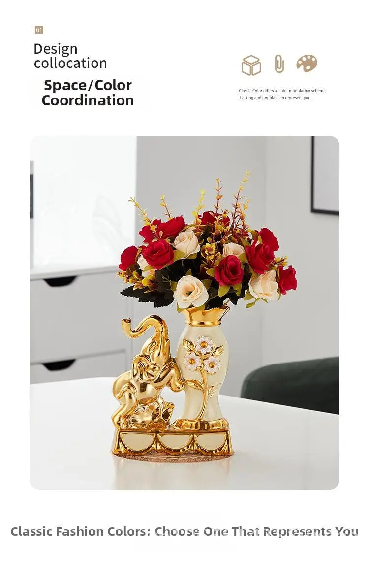 A pair of gold and white ceramic vases shaped like swans displayed on a white table.