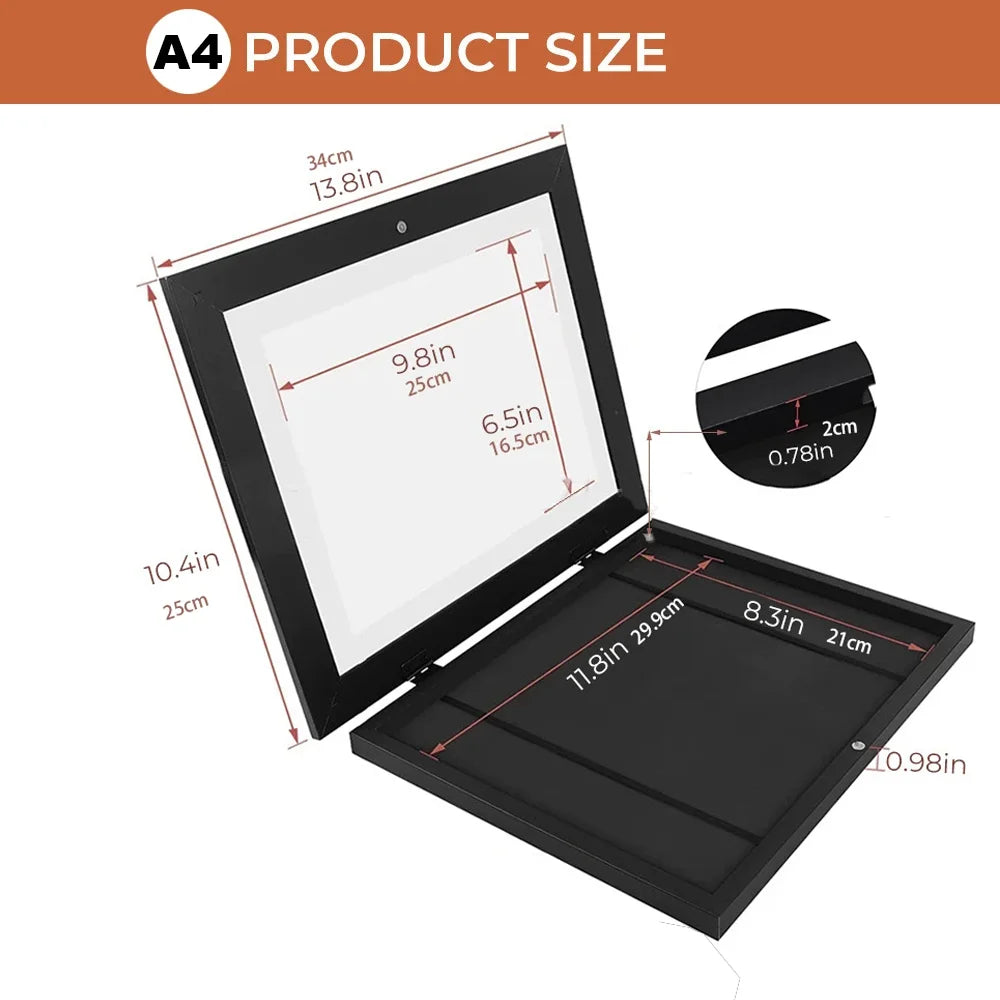 A black magnetic front-open art frame showing various dimensions for an A4 product size.