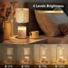Adjustable heat candle warmer lamp with four brightness levels shown next to a lit candle.