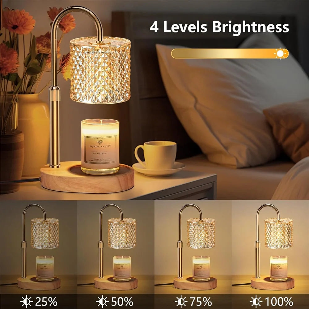 Adjustable heat candle warmer lamp with four brightness levels shown next to a lit candle.