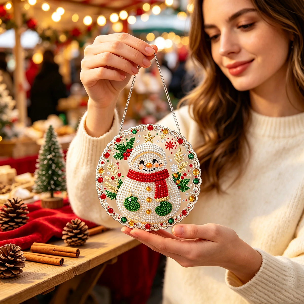 A woman holds a finished Christmas ornament made of pearl and diamond painting on a string.