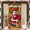 A festive banner featuring a Christmas Santa and an elk door design with greenery and red accents.