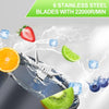 A portable blender with six stainless steel blades is shown in action, blending various fruits like strawberries, oranges, an