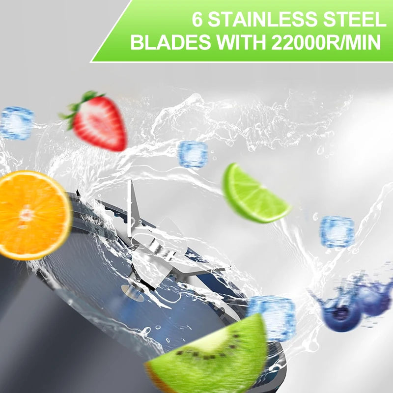 A portable blender with six stainless steel blades is shown in action, blending various fruits like strawberries, oranges, an
