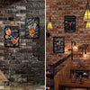 A collection of vintage metal garage signs displayed on a rustic brick wall.