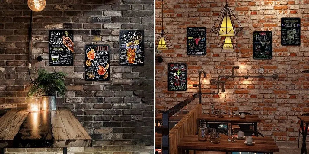 A collection of vintage metal garage signs displayed on a rustic brick wall.