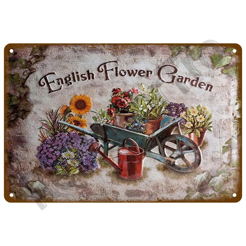 Vintage metal tin sign depicting an English flower garden with potted plants and a watering can.