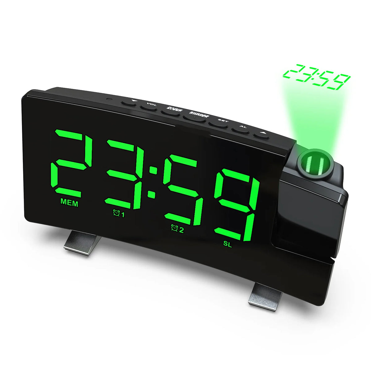 A black projection alarm clock with a bright green LED display showing 23:59.