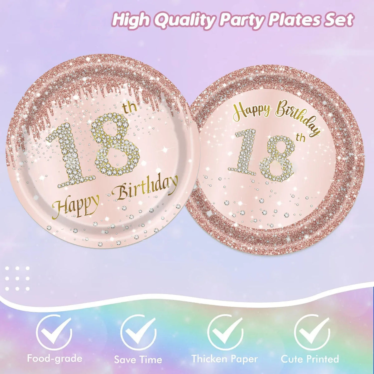 A set of rose gold diamond glitter birthday plates with '18' and Happy Birthday text.