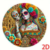 A vibrant, detailed illustration of a skull and woman adorned with colorful flowers and gold accents for a Day of the Dead th