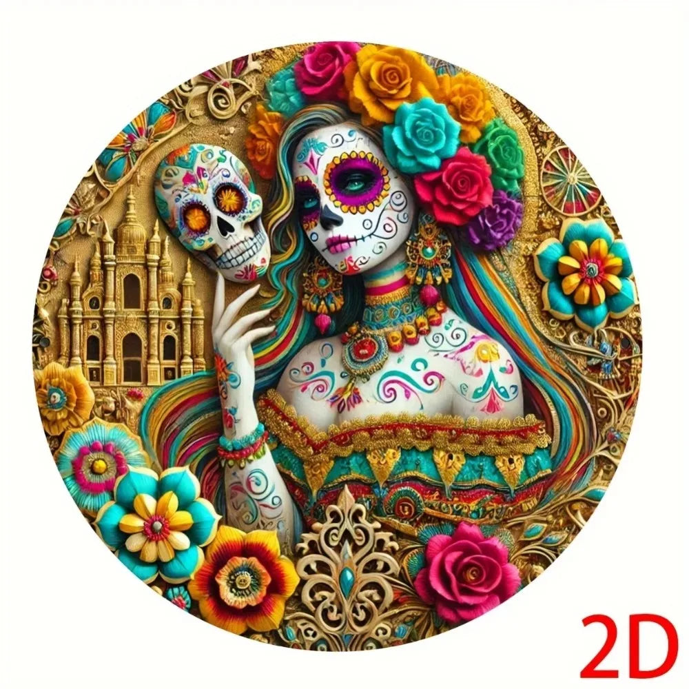 A vibrant, detailed illustration of a skull and woman adorned with colorful flowers and gold accents for a Day of the Dead th