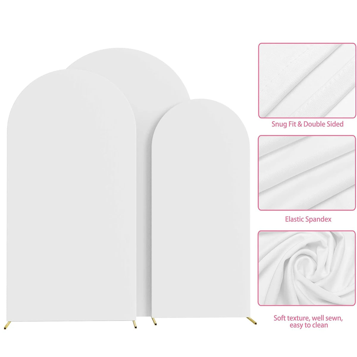 White spandex fitted wedding arch cover fabric shown in various folds and a flat panel.