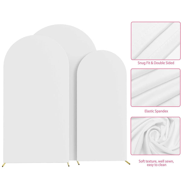 White spandex fitted wedding arch cover fabric shown in various folds and a flat panel.