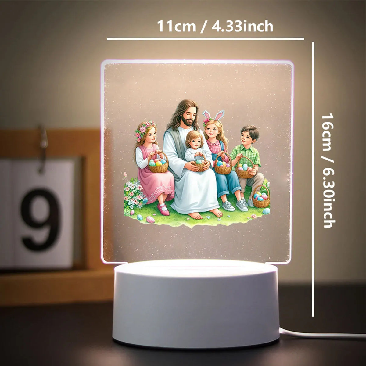 A glowing 3D LED night light featuring a family portrait on a square panel, with dimensions of 11cm by 16cm.