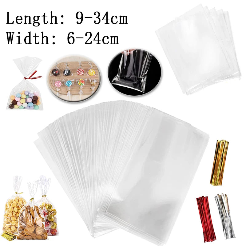 Clear cellophane treat bags with wire ties and various sized clear plastic bags shown in a collection