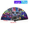 Large folding bamboo hand fan featuring a vibrant, multicolored abstract design.