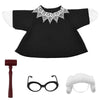 Black lawn goose costume featuring a black shirt with a white lace collar and a pair of round glasses