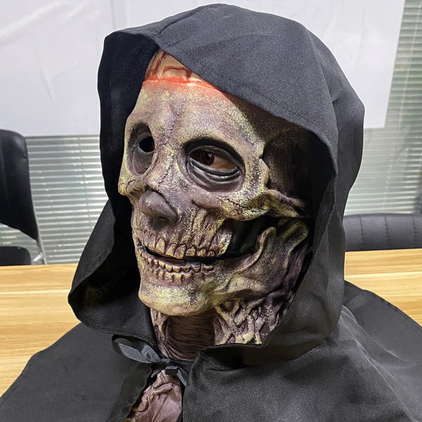 A full face skull mask made of latex with a hood, featuring realistic bone texture and painted details.