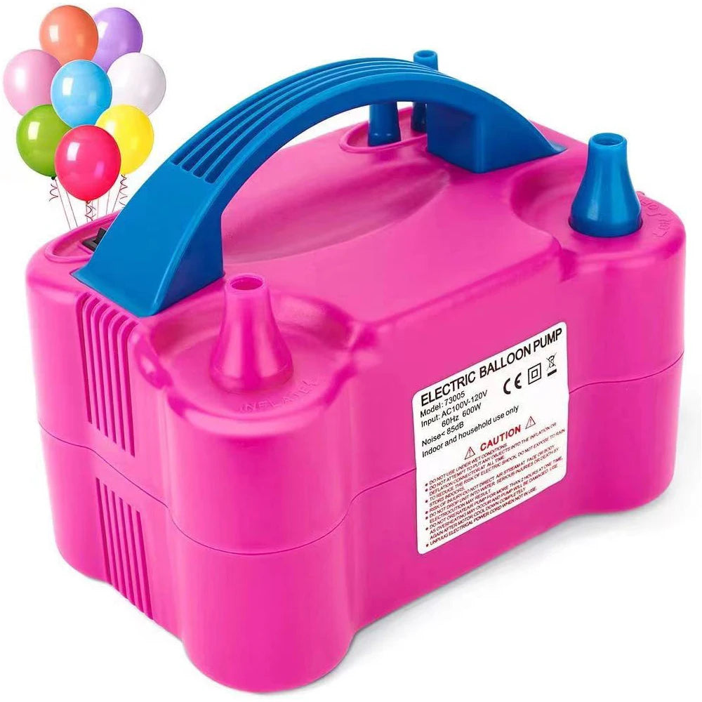 A pink electric balloon pump with a blue handle and multiple colored balloons visible.